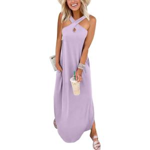 ANRABESS Women’s Casual Summer Maxi Dress Sexy Slit Side Sleeveless Loose Beach Long Sundress Vacation Outfits with Pockets(Lilac)