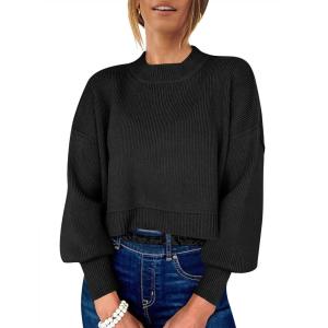 ANRABESS Womens Cropped Sweaters Oversized Crewneck Long Batwing Sleeve Side Slit Ribbed Knit Pullover Tops 2025 Fall Clothes(Black)