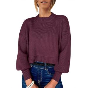 ANRABESS Womens Cropped Sweaters Oversized Crewneck Long Batwing Sleeve Side Slit Ribbed Knit Pullover Tops 2025 Fall Clothes(Burgundy)