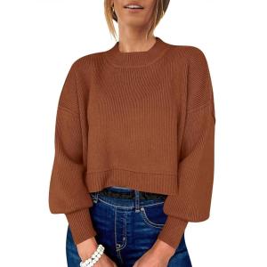 ANRABESS Womens Cropped Sweaters Oversized Crewneck Long Batwing Sleeve Side Slit Ribbed Knit Pullover Tops 2025 Fall Clothes(Caramel)