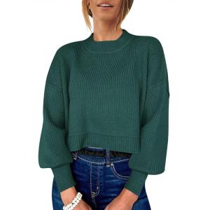ANRABESS Womens Cropped Sweaters Oversized Crewneck Long Batwing Sleeve Side Slit Ribbed Knit Pullover Tops 2025 Fall Clothes(Dark Green)