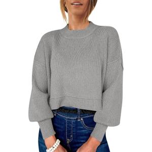 ANRABESS Womens Cropped Sweaters Oversized Crewneck Long Batwing Sleeve Side Slit Ribbed Knit Pullover Tops 2025 Fall Clothes(Grey)