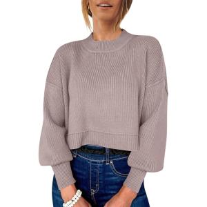 ANRABESS Womens Cropped Sweaters Oversized Crewneck Long Batwing Sleeve Side Slit Ribbed Knit Pullover Tops 2025 Fall Clothes(Red Apricot)