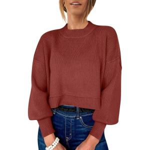ANRABESS Womens Cropped Sweaters Oversized Crewneck Long Batwing Sleeve Side Slit Ribbed Knit Pullover Tops 2025 Fall Clothes(Rust)