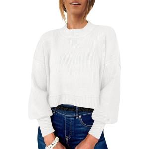ANRABESS Womens Cropped Sweaters Oversized Crewneck Long Batwing Sleeve Side Slit Ribbed Knit Pullover Tops 2025 Fall Clothes(White)