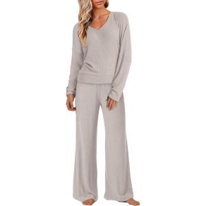 ANRABESS Womens Fleece Pajama Sets 2 Piece Outfits Matching Lounge Set Casual Ribbed Knit Long Sleeve Pj 2025 Fall Sleepwear(Beige)