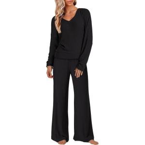 ANRABESS Womens Fleece Pajama Sets 2 Piece Outfits Matching Lounge Set Casual Ribbed Knit Long Sleeve Pj 2025 Fall Sleepwear(Black)