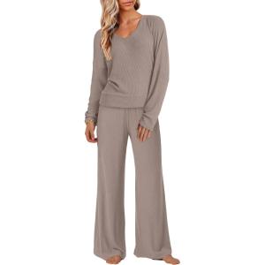 ANRABESS Womens Fleece Pajama Sets 2 Piece Outfits Matching Lounge Set Casual Ribbed Knit Long Sleeve Pj 2025 Fall Sleepwear(Khaki)