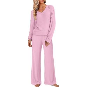 ANRABESS Womens Fleece Pajama Sets 2 Piece Outfits Matching Lounge Set Casual Ribbed Knit Long Sleeve Pj 2025 Fall Sleepwear(Pink)
