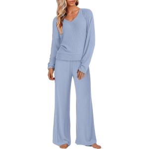 ANRABESS Womens Fleece Pajama Sets 2 Piece Outfits Matching Lounge Set Casual Ribbed Knit Long Sleeve Pj 2025 Fall Sleepwear(Sky)