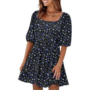 ANRABESS Womens Half Sleeve Mini Dress 2025 Fall Square Neck Casual Flowy Wedding Guest Dresses Summer Beach Vacation Outfits(Blue Floral)
