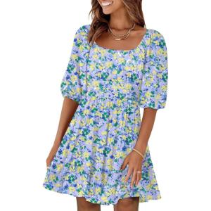 ANRABESS Womens Half Sleeve Mini Dress 2025 Fall Square Neck Casual Flowy Wedding Guest Dresses Summer Beach Vacation Outfits(Blue Yellow Floral)