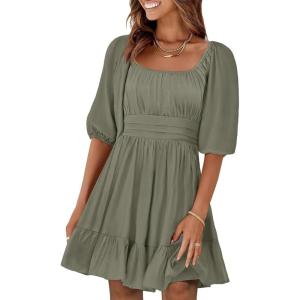 ANRABESS Womens Half Sleeve Mini Dress 2025 Fall Square Neck Casual Flowy Wedding Guest Dresses Summer Beach Vacation Outfits(Olive)