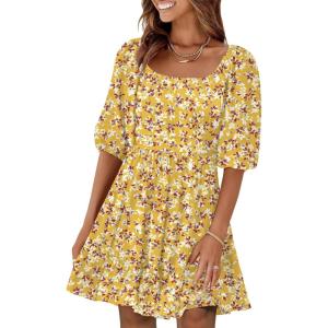 ANRABESS Womens Half Sleeve Mini Dress 2025 Fall Square Neck Casual Flowy Wedding Guest Dresses Summer Beach Vacation Outfits(Yellow Red Floral)