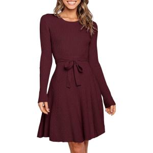ANRABESS Women’s Long Sleeve Midi Dress Crewneck Tie Waist A-Line Swing Casual Bodycon Ribbed Knit 2025 Fall Sweater Dress(Deep Red)
