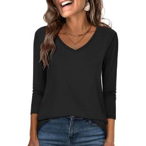 ANRABESS Womens Long Sleeve Shirts Casual V Neck Basic Tee Tshirts Loose Fit Curved Hem Tunic Top 2025 Fall Outfits(Black)