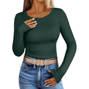 ANRABESS Womens Long Sleeve Shirts Crewneck Curved Hem Rib Knit Slim Fit Basic Y2K Tops 2025 Fall Outfits Casual Work Tees(Dark Green)