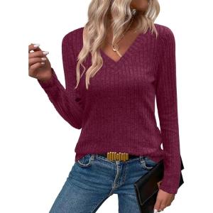 ANRABESS Womens Long Sleeve Shirts V Neck Lightweight Sweater Tops 2025 Fall Dressy Casual Work Tunic Blouse(Burgundy)