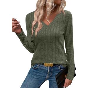 ANRABESS Womens Long Sleeve Shirts V Neck Lightweight Sweater Tops 2025 Fall Dressy Casual Work Tunic Blouse(Deep Green)