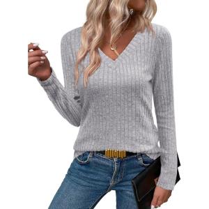 ANRABESS Womens Long Sleeve Shirts V Neck Lightweight Sweater Tops 2025 Fall Dressy Casual Work Tunic Blouse(Grey)