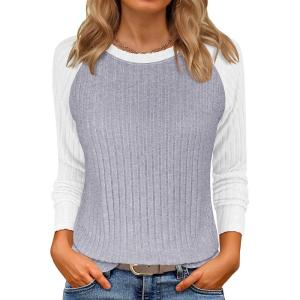ANRABESS Womens Long Sleeve Tops Ribbed Knit Color Block Shirts Lightweight Sweaters 2025 Fall Outfits Blouses(Grey Black)