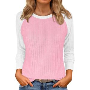 ANRABESS Womens Long Sleeve Tops Ribbed Knit Color Block Shirts Lightweight Sweaters 2025 Fall Outfits Blouses(Pink Yarrow White)
