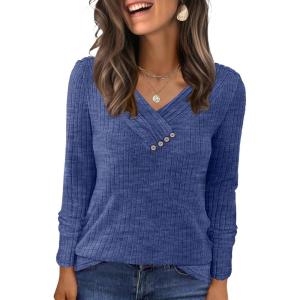 ANRABESS Women’s Long Sleeve Tunic Tops for Leggings Casual V Neck Button Shirts 2025 Fall Light Pullover Sweaters Blouse(Dark Blue)