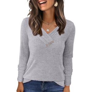 ANRABESS Women’s Long Sleeve Tunic Tops for Leggings Casual V Neck Button Shirts 2025 Fall Light Pullover Sweaters Blouse(Grey)