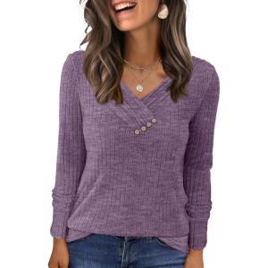 ANRABESS Women’s Long Sleeve Tunic Tops for Leggings Casual V Neck Button Shirts 2025 Fall Light Pullover Sweaters Blouse(Purple)