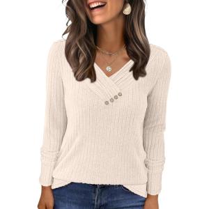 ANRABESS Women’s Long Sleeve Tunic Tops for Leggings Casual V Neck Button Shirts 2025 Fall Light Pullover Sweaters Blouse(Yellow Beige)