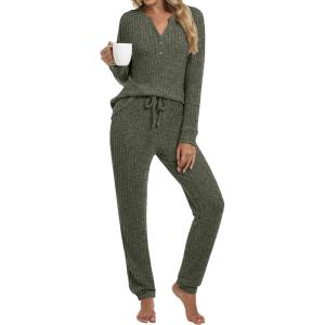 ANRABESS Womens Lounge Set 2025 Fall 2 Piece Outfit Long Sleeve Pajamas Sets Henley Top & Pants Loungewear Clothing(Army Green)