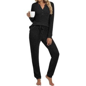 ANRABESS Womens Lounge Set 2025 Fall 2 Piece Outfit Long Sleeve Pajamas Sets Henley Top & Pants Loungewear Clothing(Black)