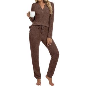 ANRABESS Womens Lounge Set 2025 Fall 2 Piece Outfit Long Sleeve Pajamas Sets Henley Top & Pants Loungewear Clothing(Brown)