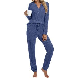 ANRABESS Womens Lounge Set 2025 Fall 2 Piece Outfit Long Sleeve Pajamas Sets Henley Top & Pants Loungewear Clothing(Dark Blue)