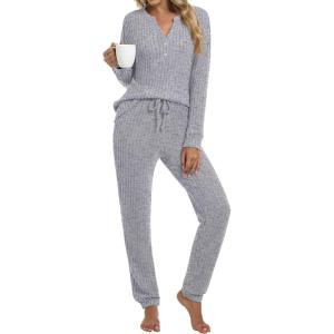 ANRABESS Womens Lounge Set 2025 Fall 2 Piece Outfit Long Sleeve Pajamas Sets Henley Top & Pants Loungewear Clothing(Grey)