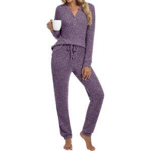 ANRABESS Womens Lounge Set 2025 Fall 2 Piece Outfit Long Sleeve Pajamas Sets Henley Top & Pants Loungewear Clothing(Purple)