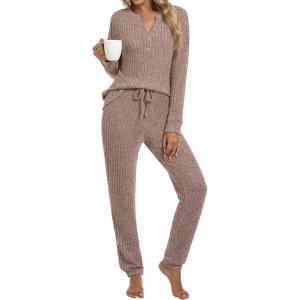 ANRABESS Womens Lounge Set 2025 Fall 2 Piece Outfit Long Sleeve Pajamas Sets Henley Top & Pants Loungewear Clothing(Tan)