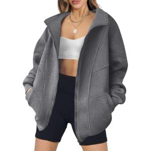 ANRABESS Women’s Oversized Full Zip Up Sweatshirts Jacket 2025 Fall Fleece Long Sleeve Hoodies Outfits(Dark Grey)