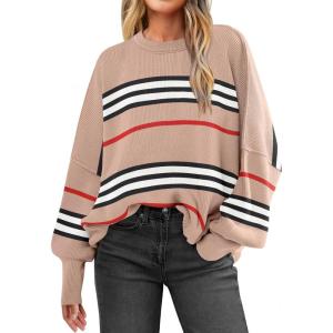 ANRABESS Womens Oversized Sweaters Fall 2025 Fashion Crewneck Batwing Long Sleeve Side Slit Knit Pullover Sweater Tops(Stripe Khaki Black)
