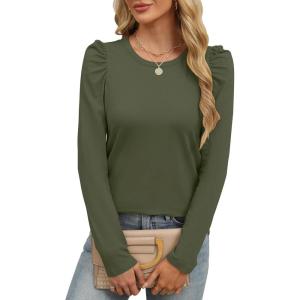 ANRABESS Womens Puff Long Sleeve Shirts Crewneck Fall Tops Basic Dressy Casual Blouses 2025 Trendy Outfits(Army Green)