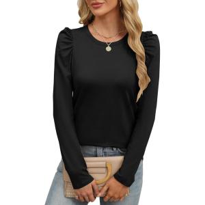 ANRABESS Womens Puff Long Sleeve Shirts Crewneck Fall Tops Basic Dressy Casual Blouses 2025 Trendy Outfits(Black)