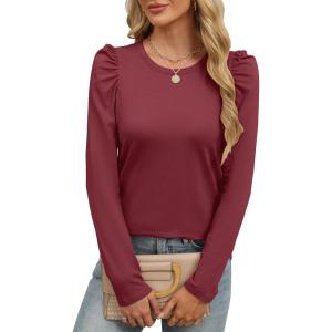 ANRABESS Womens Puff Long Sleeve Shirts Crewneck Fall Tops Basic Dressy Casual Blouses 2025 Trendy Outfits(Burgundy)