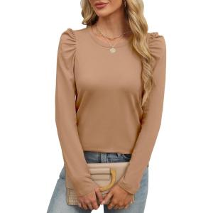 ANRABESS Womens Puff Long Sleeve Shirts Crewneck Fall Tops Basic Dressy Casual Blouses 2025 Trendy Outfits(Deep Khaki)