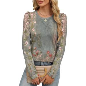 ANRABESS Womens Puff Long Sleeve Shirts Crewneck Fall Tops Basic Dressy Casual Blouses 2025 Trendy Outfits(Floral Green Flower)