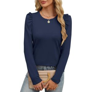 ANRABESS Womens Puff Long Sleeve Shirts Crewneck Fall Tops Basic Dressy Casual Blouses 2025 Trendy Outfits(Navy Blue)
