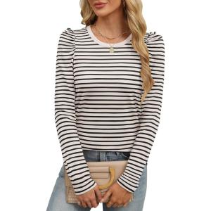 ANRABESS Womens Puff Long Sleeve Shirts Crewneck Fall Tops Basic Dressy Casual Blouses 2025 Trendy Outfits(Stripe Almond)