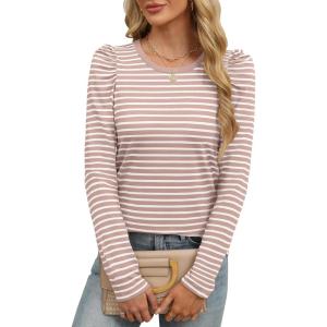 ANRABESS Womens Puff Long Sleeve Shirts Crewneck Fall Tops Basic Dressy Casual Blouses 2025 Trendy Outfits(Stripe Light Khaki)