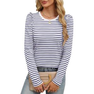 ANRABESS Womens Puff Long Sleeve Shirts Crewneck Fall Tops Basic Dressy Casual Blouses 2025 Trendy Outfits(Stripe Navy Blue)