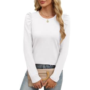 ANRABESS Womens Puff Long Sleeve Shirts Crewneck Fall Tops Basic Dressy Casual Blouses 2025 Trendy Outfits(White)