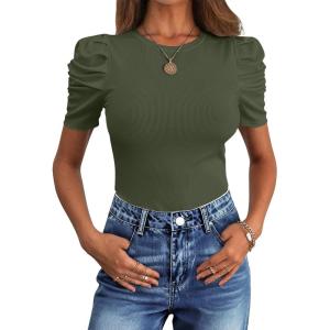 ANRABESS Women’s Puff Sleeve Crewneck Dressy Casual Tops Summer Fitted Ribbed Knit Trendy Going Out T Shirts 2026 Spring(Army Green)